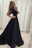 Two Piece Lace & Satin Scoop Neck Cap Sleeves Long Prom Dresses Rjerdress