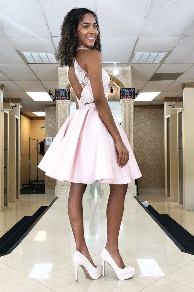 Two Piece Lace Top Satin Skirt Homecoming Dress With Beading Rjerdress