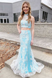Two Piece Long Elegant Sleeveless Mermaid Halter Sky Blue Backless Prom Dresses Rjerdress