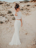 Two Piece Mermaid Beach Wedding Dresses Short Sleeve Lace Rjerdress