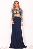 Two Piece Mermaid Boat Neck Long Sleeves Formal Dresses With Beads & Rhinestones Rjerdress