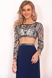 Two Piece Mermaid Boat Neck Long Sleeves Formal Dresses With Beads & Rhinestones