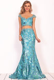 Two Piece Mermaid Cap Sleeves Tulle Formal Dresses With Beads&Sequins Sweep Train