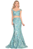 Two Piece Mermaid Cap Sleeves Tulle Formal Dresses With Beads&Sequins Sweep Train Rjerdress