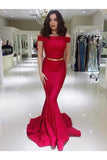 Two Piece Mermaid Sleeveless Off-The-Shoulder Sweep/Brush Train Satin Prom Dresses Rjerdress