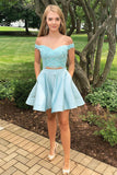 Two Piece Off The Shoulder Lace Satin Homecoming Dresses