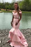 Two Piece Off The Shoulder Satin Mermaid Prom Dresses