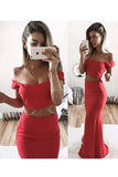 Two-Piece Off The Shoulder Satin Sweep Train Evening Dresses Mermaid Rjerdress