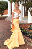 Two Piece Off-the-Shoulder White and Yellow Zipper V-Neck Mermaid Long Prom Dresses rjs63 Rjerdress
