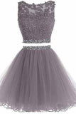 Two Piece Open Back Scoop Beads Sleeveless Grey Tulle A-Line Homecoming Dress I1012 Rjerdress