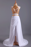 Two-Piece Party Dresses High Neck With Beading Chiffon White Rjerdress