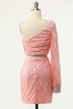 Two Piece Pink One Long Shoulder Sequin Homecoming Dresses Rjerdress
