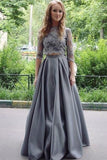 Two Piece Prom Dresses A-Line Scoop Floor-Length Satin & Lace 3/4 Sleeves Rjerdress