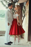 Two Piece Red Satin Lace Off-the-shoulder White Short Sleeve Tea-Length Homecoming Dresses RJS59