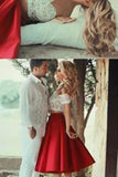 Two Piece Red Satin Lace Off-the-shoulder White Short Sleeve Tea-Length Homecoming Dresses RJS59 Rjerdress