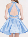 Two Piece Round Neck Short Tiered Satin Blue Open Back Homecoming Dress with Lace RJS259 Rjerdress