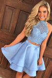Two Piece Round Neck Short Tiered Satin Blue Open Back Homecoming Dress with Lace RJS259