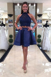 Two Piece Round Neck Short Tiered Satin Blue Open Back Homecoming Dress with Lace RJS259 Rjerdress