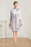 Two Piece Scoop 3/4 Sleeves Short Silver Sheath Mother of the Bride Dress with Jacket
