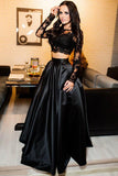Two Piece Scoop A-Line Bateau Long Sleeves Black Floor Length Prom Dresses UK with Lace RJS343