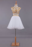 Two-Piece Scoop A Line Short/Mini Hoco Dresses Tulle Beaded Bodice