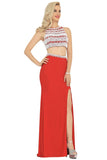Two-Piece Scoop Formal Dresses Spandex With Beads And Slit Rjerdress