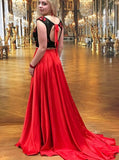 Two Piece Scoop Lace Open Back Long Satin Prom Dress Rjerdress