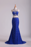 Two-Piece Scoop Mermaid Party Dresses With Beading Lace Dark Royal Blue Rjerdress