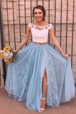 Two Piece Sky Blue Lace Thigh Split Off the Shoulder Prom Dresses with Rhinestone rjs95