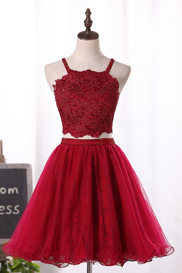 Two-Piece Spaghetti Straps Hoco Dresses A Line Tulle With Applique Rjerdress