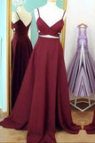 Two Piece Straps Long Prom Dress Evening Dress Spaghetti Straps Wine Red Prom Dresses RJS159 Rjerdress