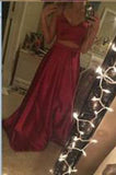 Two Piece Straps Long Prom Dress Evening Dress Spaghetti Straps Wine Red Prom Dresses RJS159 Rjerdress