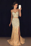 Two-Piece Sweetheart Prom Dresses Mermaid Tulle With Beads And Slit Rjerdress