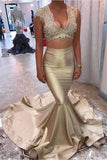 Two Piece V-Neck Court Train Sleeveless Gold Satin Appliques Sleeveless Prom Dresses Rrjs278