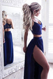 Two Piece V-Neck Floor-Length Royal Blue Stretch Satin Prom Dress with Lace RJS21