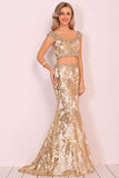Two Piece V Neck Mermaid Tulle With Beads&Sequins Formal Dresses