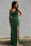 Two Piece V Neck Sequins Prom Dresses With Slit