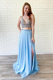 Two Pieces A-Line Light Blue Beading Chiffon Long Prom Dresses Evening Dresses Rjerdress