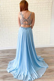 Two Pieces A-Line Light Blue Beading Chiffon Long Prom Dresses Evening Dresses Rjerdress