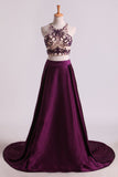 Two Pieces A Line Scoop Beaded Bodice Party Dresses Satin & Tulle Sweep Train Grape Rjerdress