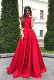 Two Pieces A line Red Lace Satin Prom Dresses Short Sleeve Round Neck Long Evening Dresses RJS613 Rjerdress