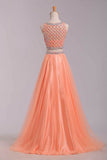 Two Pieces Bateau Beaded Bodice A Line/Princess Party Dress Pick Up Tulle Skirt Floor Length Rjerdress