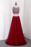Two Pieces Bateau Party Dress Beaded Bodice A Line Tulle Floor Length