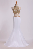 Two Pieces Beaded Bodice High Neck Party Dresses Trumpet Sweep Train Rjerdress