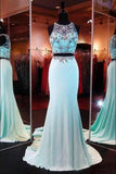 Two Pieces Beading Bodice Long Satin Prom Dresses Evening Dresses rjs563