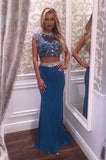 Two Pieces Beading Charming Open Back Blue High Neck Mermaid Long Prom Dresses uk L47 Rjerdress