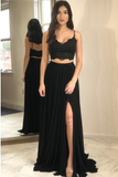Two Pieces Black Lace Backless High Neck Open Back Sheath Prom Dresses Rjerdress