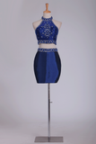 Two Pieces Halter Hoco Dresses Sheath With Beads Short/Mini Dark Royal Blue Rjerdress