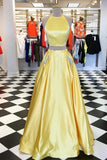 Two Pieces Halter Open Back Yellow Prom Dresses Beads Evening Dresses with Pockets Rjerdress