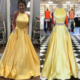 Two Pieces Halter Open Back Yellow Prom Dresses Beads Evening Dresses with Pockets Rjerdress